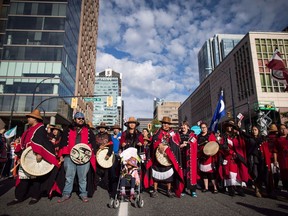 First Nations people wait for the Walk for Reconciliation to begin in Vancouver, B.C., on Sunday September 24, 2017.