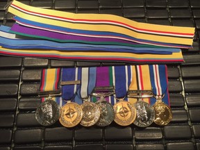 Nine medals issued for service in various theatres of conflict, including the Gulf War, Bosnia and Iraq, shown here in this handout image, have been stolen from the apartment of a British Armed Forces veteran in Kindersley, Saskatchewan. THE CANADIAN PRESS/HO-Jim Watson