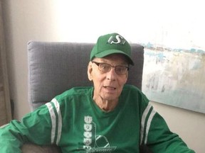 Saskatchewan Roughriders fan Bob Taylor is shown in a handout photo provided by his granddaughter Alex Taylor. Alex Taylor says her grandfather looked so cute wearing his  Roughriders gear that she had to take his picture. THE CANADIAN PRESS/HO-Alex Taylor MANDATORY CREDIT