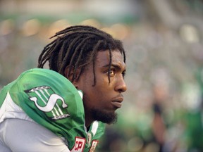 Saskatchewan Roughriders wide receiver Duron Carter takes a breather during first half CFL action against the B.C. Lions, in Regina on Sunday, August 13, 2017. Carter's punishment for getting into an altercation with a teammate this week will be more playing time.THE CANADIAN PRESS/Mark Taylor