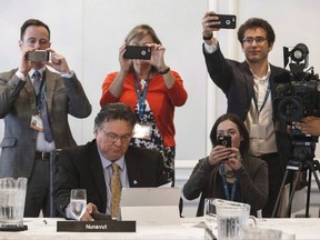 Nunavut Premier Peter Taptuna is surrounded by media during the Council of Federation meetings in Edmonton on July 19, 2017.