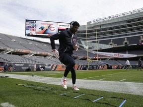 Chicago Bears wide receiver Kendall Wright warms up before an NFL football game against the Carolina Panthers, Sunday, Oct. 22, 2017, in Chicago. (AP Photo/Nam Y. Huh)