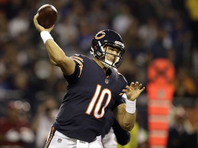 Chicago Bears quarterback Mitchell Trubisky (10) throws a pass during the first half of an NFL football game against the Minnesota Vikings, Monday, Oct. 9, 2017, in Chicago. (AP Photo/Darron Cummings)