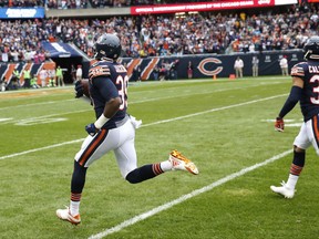 Chicago Bears free safety Eddie Jackson (39) returns a fumble for a 75-yard touchdown during the first half of an NFL football game against the Carolina Panthers, Sunday, Oct. 22, 2017, in Chicago. (AP Photo/Charles Rex Arbogast)