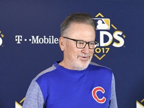 Chicago Cubs manager Joe Maddon (70) addresses the media during a press conference at Wrigley Field, Sunday, Oct. 8, 2017, in Chicago. Game 3 of the National League Division Series between the Washington Nationals and Cubs is Monday. (AP Photo/David Banks)
