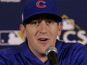Chicago Cubs starting pitcher Kyle Hendricks talks at a news conference, Monday, Oct. 16, 2017, in Chicago. The Chicago Cubs will play Game 3 of baseball's National League Championship Series against the Los Angeles Dodgers on Tuesday. (AP Photo/Nam Y. Huh)