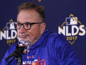 Chicago Cubs manager Joe Maddon talks during a news conference after Game 4 of baseball's National League Division Series against the Washington Nationals, Wednesday, Oct. 11, 2017, in Chicago. The Nationals won 5-0. (AP Photo/Charles Rex Arbogast)