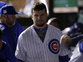 Chicago Cubs' Kyle Schwarber reacts after Game 5 of baseball's National League Championship Series against the Los Angeles Dodgers, Thursday, Oct. 19, 2017, in Chicago. The Dodgers won 11-1 to win the series and advance to the World Series. (AP Photo/Nam Y. Huh)