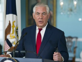 Secretary of State Rex Tillerson makes a statement at the State Department in Washington, Wednesday, Oct. 4, 2017. (AP Photo/Cliff Owen)