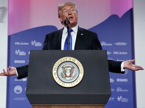 President Donald Trump speaks to the 2017 Value Voters Summit, Friday, Oct. 13, 2017, in Washington. (AP Photo/Evan Vucci)