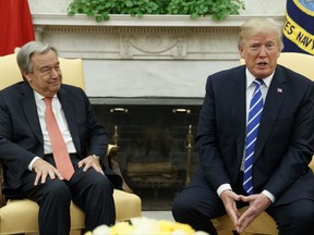 President Donald Trump speaks during a meeting with UN Secretary General Antonio Guterres in the Oval Office of the White House, Friday, Oct. 20, 2017, in Washington. (AP Photo/Evan Vucci)