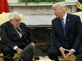 President Donald Trump speaks during a meeting with former Secretary of State Henry Kissinger in the Oval Office of the White House, Tuesday, Oct. 10, 2017, in Washington. (AP Photo/Evan Vucci)