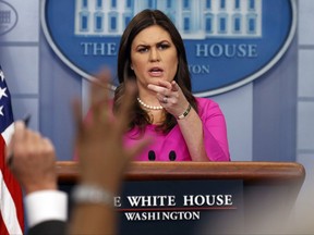 White House press secretary Sarah Huckabee Sanders speaks during the daily press briefing, Monday, Oct. 30, 2017, in Washington. (AP Photo/Evan Vucci)