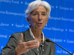International Monetary Fund (IMF) Managing Director Christine Lagarde speaks during a news conference after the International Monetary and Financial Committee (IMFC) meeting at the World Bank/IMF Annual Meetings in Washington, Saturday, Oct. 14, 2017. ( AP Photo/Jose Luis Magana)