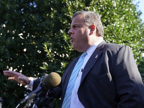 New Jersey Gov. Chris Christie speaks to members of the media outside the West Wing of the White House in Washington after attending President Donald Trump and first lady Melania Trump speaking on the opioid crisis, Thursday, Oct. 26, 2017. (AP Photo/Pablo Martinez Monsivais)