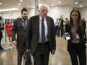 Sen. Bernie Sanders, I-Vt., the ranking member of the Senate Budget Committee, arrives for a series of votes at the Capitol in Washington, Thursday, Oct. 19, 2017. (AP Photo/J. Scott Applewhite)
