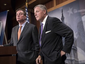 Senate Select Committee on Intelligence Chairman Richard Burr, R-N.C., and Vice Chairman Mark Warner, D-Va., left, update reporters on the status of their inquiry into Russian interference in the 2016 U.S. elections, at the Capitol in Washington, Wednesday, Oct. 4, 2017. Burr says the committee has interviewed more than 100 witnesses as part of its investigation and that more work still needs to be done. (AP Photo/J. Scott Applewhite)