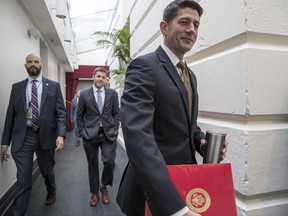 Speaker of the House Paul Ryan, R-Wis., walks to a meeting with House Republicans at the Capitol in Washington, Wednesday, Oct. 11, 2017.  (AP Photo/J. Scott Applewhite)