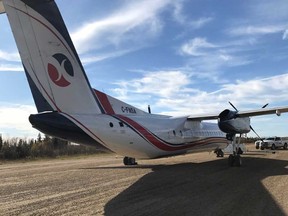 The Sunwest Dash 8 aircraft that struck two deer at the Christina Lake aerodrome on Tuesday. RCMP would not release other photos of the scene, saying they were too graphic.