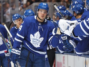 Toronto Maple Leafs forward Auston Matthews celebrates a goal against the Detroit Red Wings on Oct. 18.