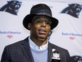 Carolina Panthers quarterback Cam Newton speaks to the media following an NFL football game against the New England Patriots on Sunday, Oct. 1, 2017, in Foxborough, Mass.