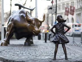 In this March 22, 2017 photo, the Charging Bull and Fearless Girl statues are sit on Lower Broadway in New York. Since 1989 the bronze bull has stood in New York City's financial district as an image of the might and hard-charging spirit of Wall Street. But the installation of the bold girl defiantly standing in the bull's path has transformed the meaning of one of New York's best-known public artworks. Pressure is mounting on the city to let the Fearless Girl stay.