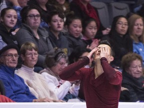 Canada's Patrick Chan wonders what went wrong during his free program in the men's competition at Skate Canada International in Regina on Saturday, Oct. 28, 2017.