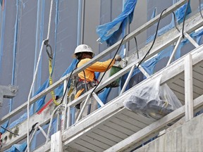 In this Monday, Oct. 2, 2017, photo, a construction worker on a scaffold works on a high-rise condominium project in Miami. On Wednesday, Oct. 4, 2017, the Institute for Supply Management, a trade group of purchasing managers, issues its index of non-manufacturing activity for September. (AP Photo/Alan Diaz)