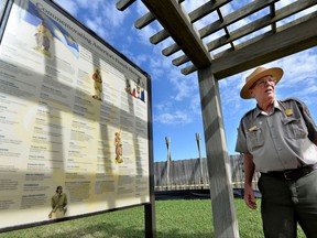 In this Oct. 4, 2017 photo, Craig Morris, a National Park Ranger at Fort Caroline National Memorial, speaks about the history of the fort and how they have names of some of the French men but none of the women or children who lived there, in Jacksonville, Fla. Morris has been a ranger at Fort Caroline for 30 years. (Bruce Lipsky/The Florida Times-Union via AP)