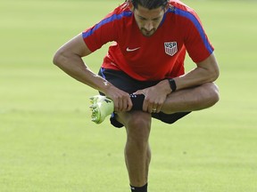 United States defender Omar Gonzalez stretches during a soccer training session, Monday, Oct. 2, 2017, in Sanford, Fla. The United States hosts Panama in a World Cup qualifying match on Friday, Oct. 6. (AP Photo/John Raoux)