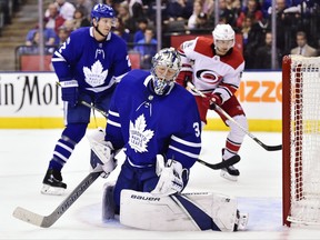 Toronto Maple Leafs goalie Frederik Andersen (31) reacts after giving up a goal to Carolina Hurricanes right wing Josh Jooris (not shown) during third period NHL hockey action, in Toronto on Thursday, October 26, 2017. THE CANADIAN PRESS/Frank Gunn