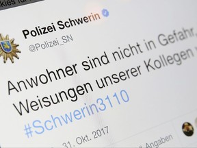 The Oct. 31, 2017 photo shows a tweet of the police in Schwerin, northern Germany, stating that there is no danger for other people after German authorities arrested a Syrian citizen Tuesday morning for allegedly planning a bomb attack with high explosives in order to kill a large number of people. Special forces arrested the 19-year-old man in the northeastern city of Schwerin, federal prosecutors said.  (Bodo Marks/dpa via AP)