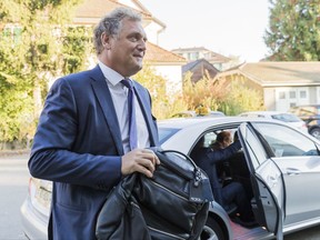 Jerome Valcke, former FIFA Secretary General, arrives at the Court of Arbitration for Sport (CAS) to challenge his ten-year suspension imposed by FIFA in Lausanne, Switzerland,  Wednesday, Oct 11, 2017.  (Cyril Zingaro/Keystone via AP)