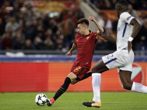 Roma's Stephan El Shaarawy kicks the ball during the Champions League group C soccer match between Roma and Chelsea, at the Olympic stadium in Rome, Tuesday, Oct. 31, 2017. (AP Photo/Andrew Medichini)
