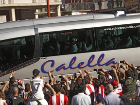 Real Madrid team bus arrives to Girona's Montilivi stadium before the Spanish La Liga soccer match between Girona and Real Madrid in Girona, Sunday, Oct. 29, 2017. (AP Photo/Francisco Seco)