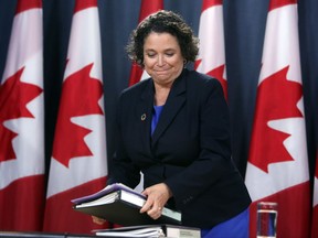 Commissioner Julie Gelfand, of the Environment and Sustainable Development Commission, holds a news conference after her report was tabled in the House of Commons, in Ottawa, Tuesday, October 3, 2017. THE CANADIAN PRESS/Fred Chartrand