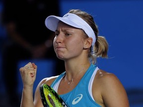 Daria Gavrilova of Australia reacts during the final match against Anastasia Pavlyuchenkova of Russia at the Hong Kong Open tennis tournament in Hong Kong, Sunday, Oct. 15, 2017. (AP Photo/Vincent Yu)