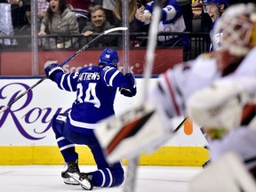 Toronto Maple Leafs centre Auston Matthews (34) celebrates his game-winning overtime goal against the Chicago Blackhawks on Oct. 9.