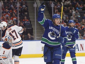 Vancouver Canucks forward Jake Virtanen celebrates a goal against the Edmonton Oilers on Sept. 22.