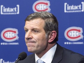 In this April 24 file photo, Montreal Canadiens GM Marc Bergevin speaks to reporters at a season-ending press conference in Brossard, Que.