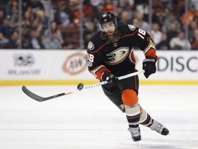 In this March 15 file photo, Anaheim Ducks forward Patrick Eaves controls the puck against the St. Louis Blues.