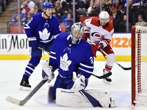 Maple Leafs goalie Frederik Andersen reacts after giving up a goal to the Carolina Hurricanes during third period NHL action, in Toronto on Thursday night. The Canes won 6-3.