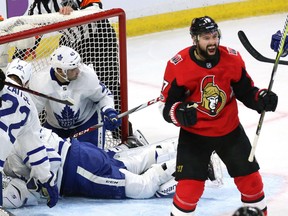 Nate Thompson of the Senators celebrates his goal against the Toronto Maple Leafs during first period NHL action in Ottawa on Saturday night.