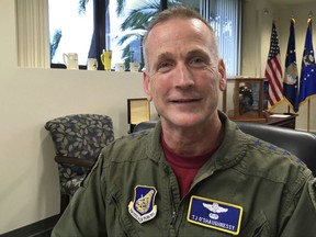 In this Friday, Sept. 29, 2017, photo, Gen. Terrence O'Shaughnessy, U.S. Pacific Air Forces commander, speaks during an interview at Joint Base Pearl Harbor-Hickam, Hawaii. The U.S. Air Force's top Asia-Pacific commander says his troops haven't changed the way they operate in response to North Korea's assertion that it would have the right to shoot down U.S. bombers even in international airspace. (AP Photo/Audrey McAvoy)