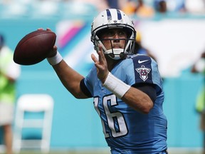 Tennessee Titans quarterback Matt Cassel (16) looks to pass, during the first half of an NFL football game against the Miami Dolphins, Sunday, Oct. 8, 2017, in Miami Gardens, Fla. (AP Photo/Wilfredo Lee)