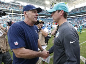 Tennessee Titans head coach Mike Mularkey, left, shakes the hand of Miami Dolphins head coach Adam Gase, at the end of an NFL football game, Sunday, Oct. 8, 2017, in Miami Gardens, Fla. The Dolphins defeated the Titans 16-10. (AP Photo/Wilfredo Lee)