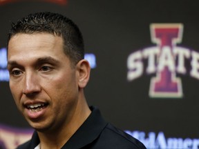 Iowa State head NCAA college football coach Matt Campbell speaks during his weekly news conference, Monday, Oct. 23, 2017, in Ames, Iowa. A week after 23rd-ranked Iowa State struggled to beat Army at home in September of 2005, it quietly slipped out of the Top 25. Few knew it would take a dozen years _ and three different head coaches _ for the Cyclones to finally return to the rankings. (AP Photo/Charlie Neibergall)