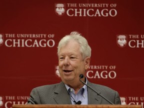 University of Chicago professor Richard Thaler speaks during a news conference announcing him as the winner of the Nobel economics prize Monday, Oct. 9, 2017, in Chicago. Thaler won for documenting the way people's behavior doesn't conform to economic models. As one of the founders of behavioral economics, he has helped change the way economists look at the world. (AP Photo/Paul Beaty)