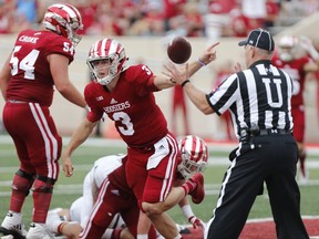 Indiana's Tyler Green (3) scores a touchdown after recovering a fumble during an NCAA college football game Saturday, Oct. 7, 2017, in Bloomington, Ind. ( Jeremy Hogan/The Herald-Times via AP)