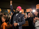 Jagmeet Singh celebrates with supporters after winning the first ballot in the NDP leadership race to be elected the leader of the federal New Democrats in Toronto on Oct. 1, 2017.